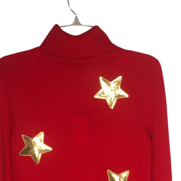 Cashmere  Sweater Womens Medium Red Turtleneck Gold Sequin Stars Celestial - Picture 15 of 16